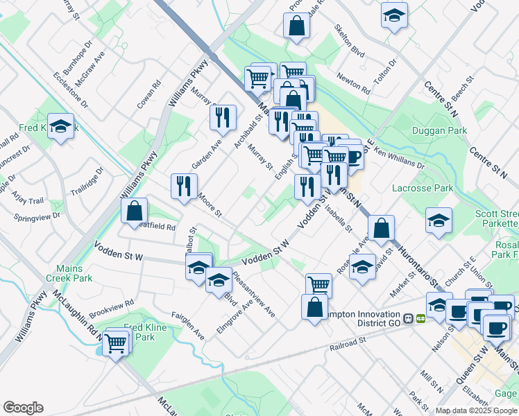 map of restaurants, bars, coffee shops, grocery stores, and more near 45 English Street in Brampton