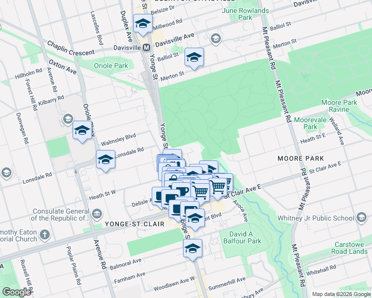 map of restaurants, bars, coffee shops, grocery stores, and more near 30 Glen Elm Avenue in Toronto