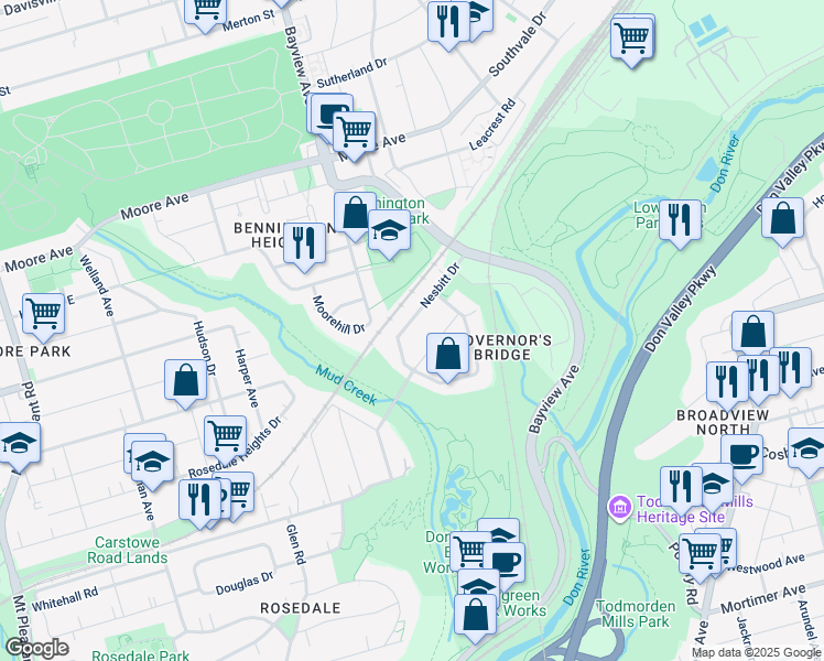 map of restaurants, bars, coffee shops, grocery stores, and more near 17 Nesbitt Drive in Toronto