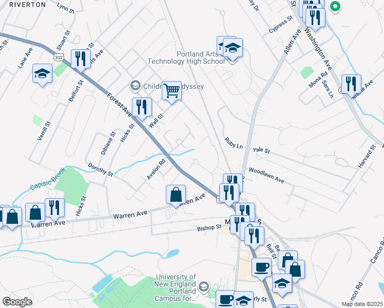 map of restaurants, bars, coffee shops, grocery stores, and more near 75 Maggie Lane in Portland