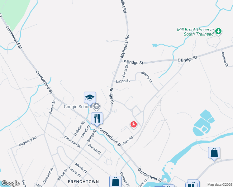 map of restaurants, bars, coffee shops, grocery stores, and more near 524 Bridge Street in Westbrook