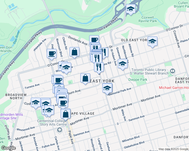 map of restaurants, bars, coffee shops, grocery stores, and more near in Toronto