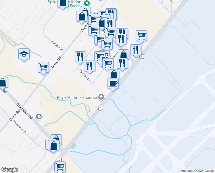 map of restaurants, bars, coffee shops, grocery stores, and more near 2355 Derry Road East in Mississauga