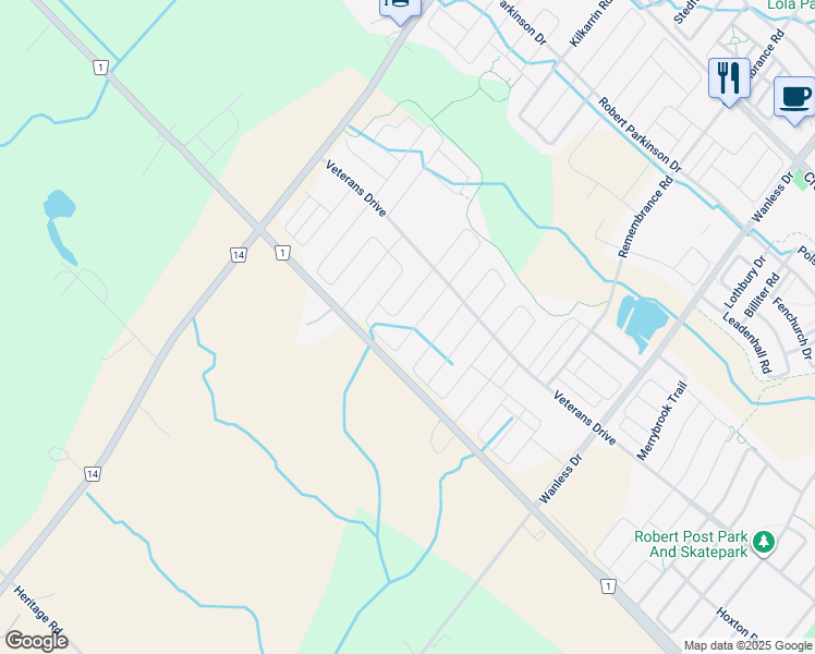 map of restaurants, bars, coffee shops, grocery stores, and more near 35 Emerald Coast Trail in Brampton