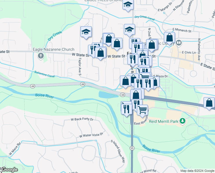 map of restaurants, bars, coffee shops, grocery stores, and more near 394 South Harlan Place in Eagle