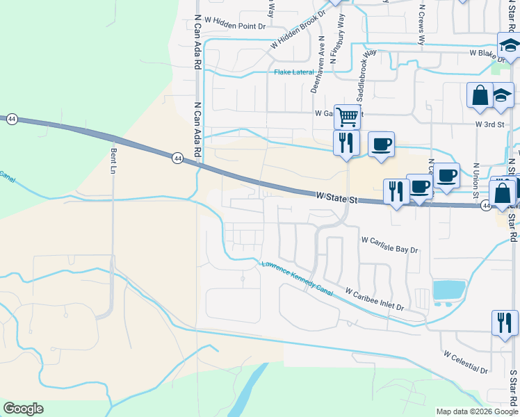map of restaurants, bars, coffee shops, grocery stores, and more near 12457 West State Street in Star