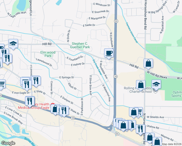 map of restaurants, bars, coffee shops, grocery stores, and more near 409 South Silver Bow Avenue in Eagle