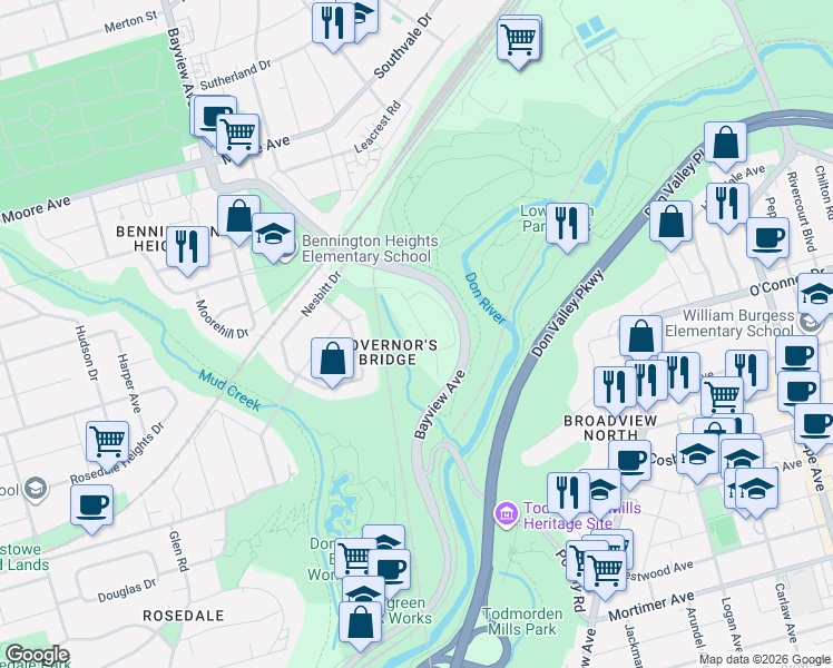 map of restaurants, bars, coffee shops, grocery stores, and more near 24 True Davidson Drive in Toronto