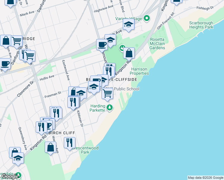 map of restaurants, bars, coffee shops, grocery stores, and more near in Toronto