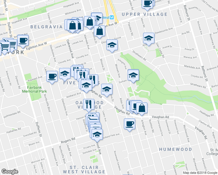 map of restaurants, bars, coffee shops, grocery stores, and more near 529 Winona Drive in Toronto