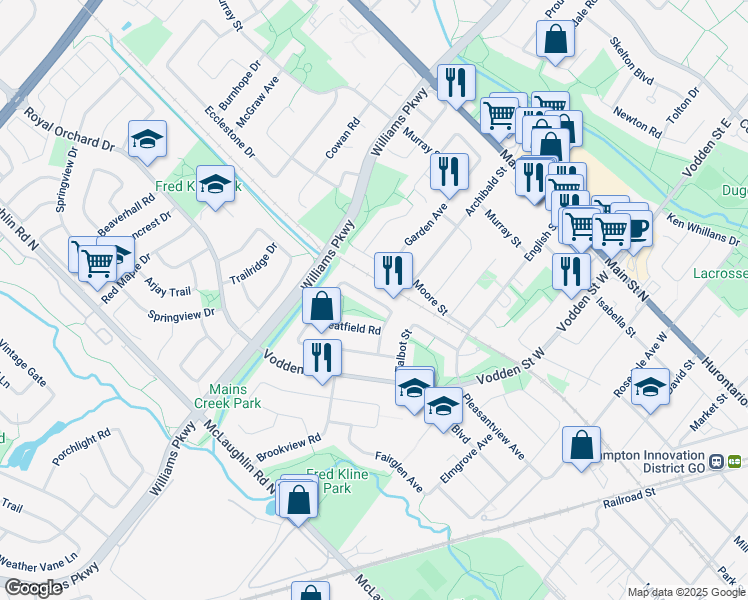 map of restaurants, bars, coffee shops, grocery stores, and more near Martindale Crescent in Brampton