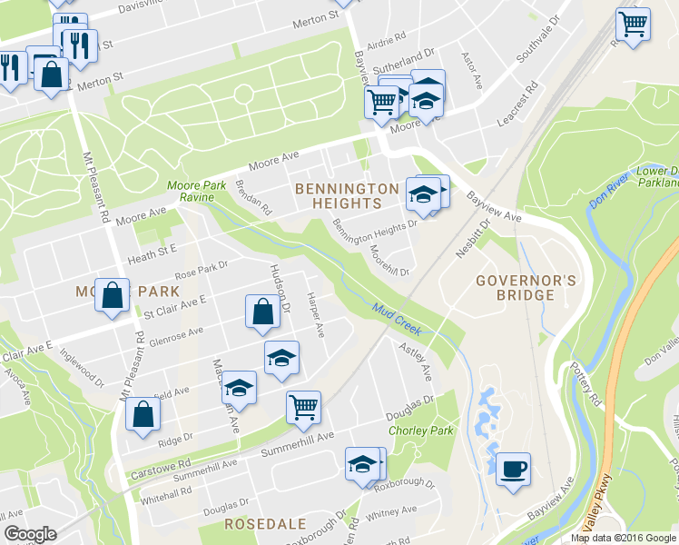 map of restaurants, bars, coffee shops, grocery stores, and more near 205 Moore Avenue in Toronto