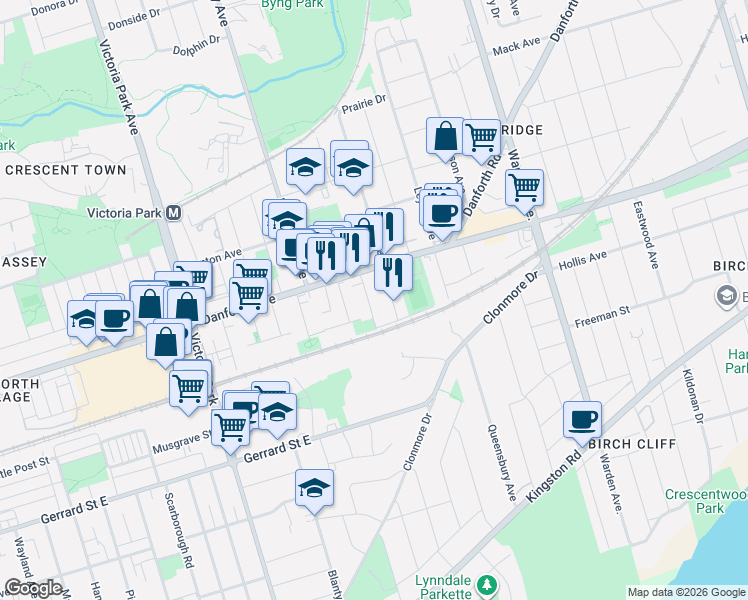 map of restaurants, bars, coffee shops, grocery stores, and more near 33 August Avenue in Toronto