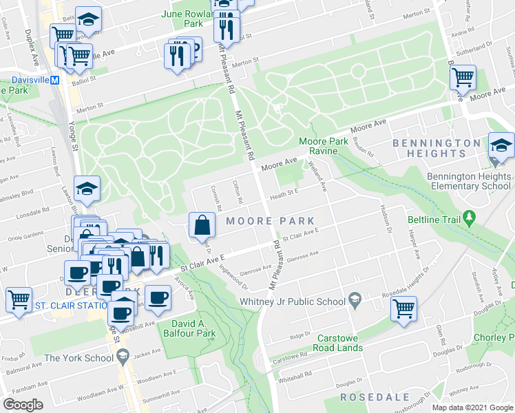 map of restaurants, bars, coffee shops, grocery stores, and more near 231 Heath Street East in Toronto