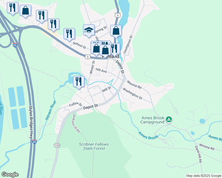 map of restaurants, bars, coffee shops, grocery stores, and more near 39 Mill Street in Ashland