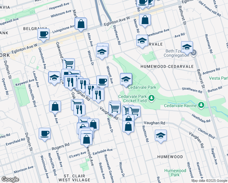 map of restaurants, bars, coffee shops, grocery stores, and more near 330 Winnett Avenue in Toronto