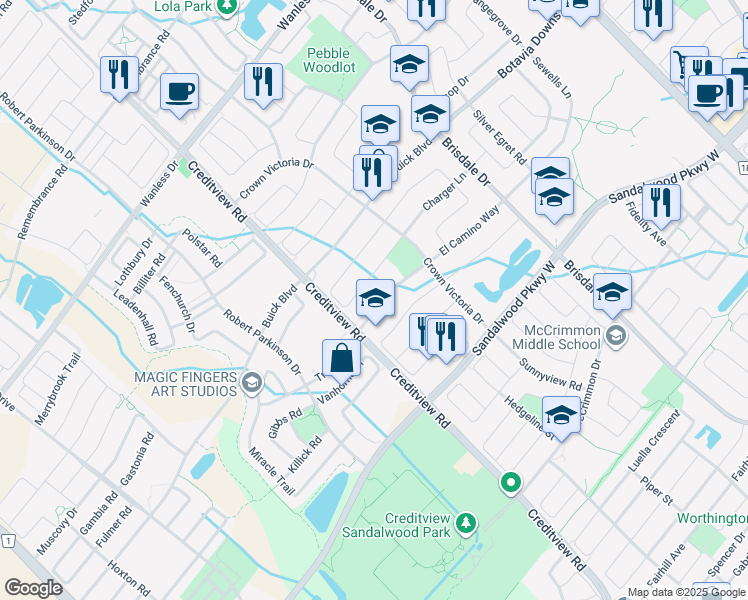 map of restaurants, bars, coffee shops, grocery stores, and more near 92 El Camino Way in Brampton