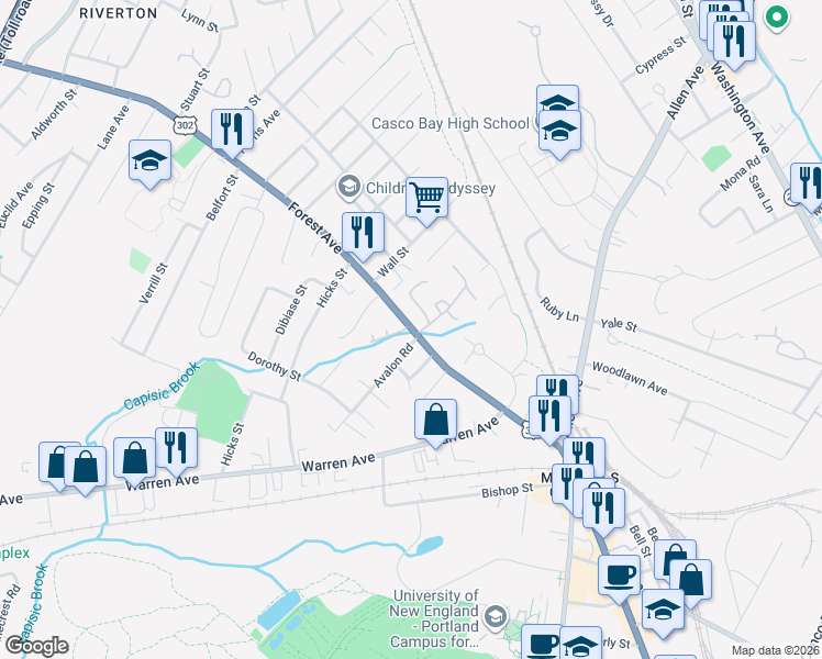 map of restaurants, bars, coffee shops, grocery stores, and more near 1375 Forest Avenue in Portland