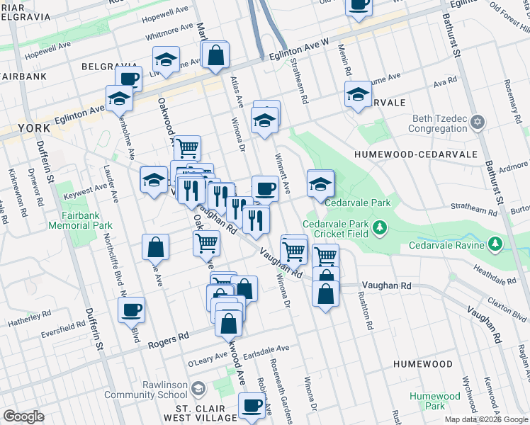 map of restaurants, bars, coffee shops, grocery stores, and more near in Toronto