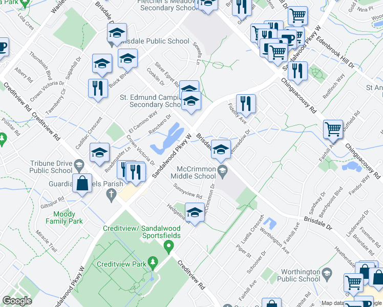 map of restaurants, bars, coffee shops, grocery stores, and more near 25 Ferncroft Place in Brampton