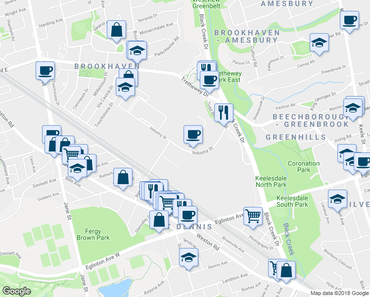 map of restaurants, bars, coffee shops, grocery stores, and more near 88 Industry Street in Toronto
