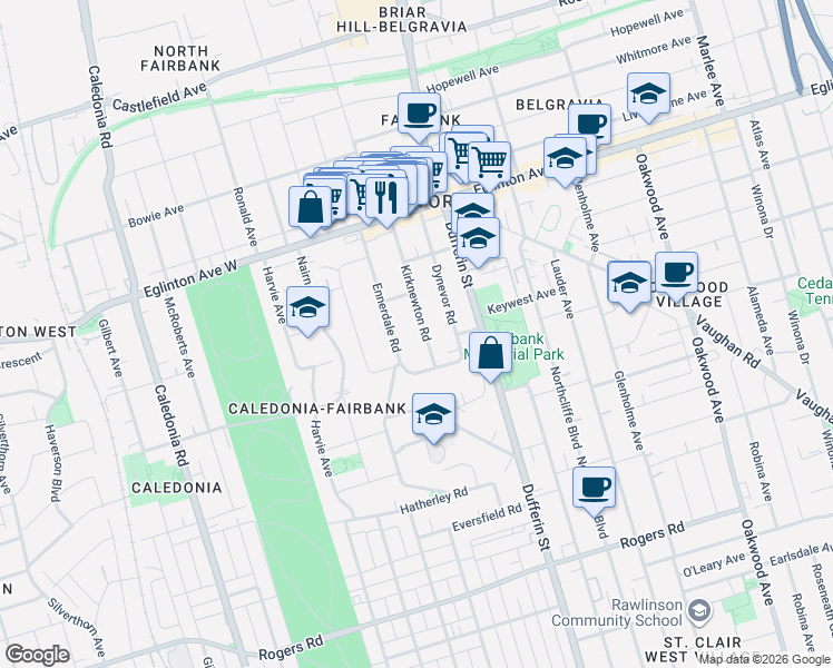 map of restaurants, bars, coffee shops, grocery stores, and more near 32 Kirknewton Road in Toronto