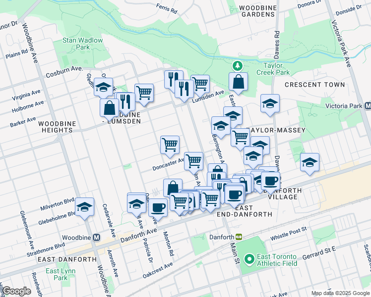 map of restaurants, bars, coffee shops, grocery stores, and more near 142 Chisholm Avenue in Toronto