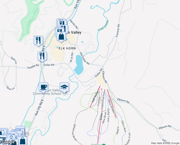 map of restaurants, bars, coffee shops, grocery stores, and more near 7 Old Dollar Road in Sun Valley