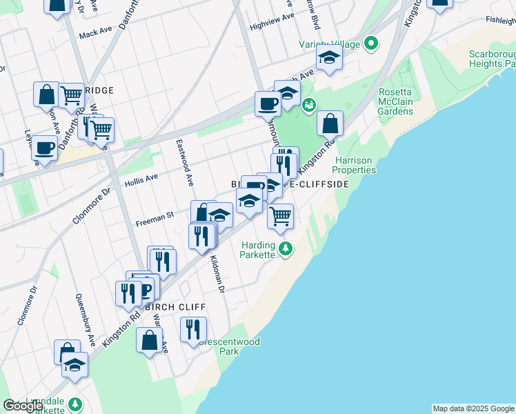 map of restaurants, bars, coffee shops, grocery stores, and more near in Toronto