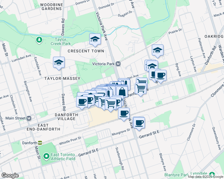 map of restaurants, bars, coffee shops, grocery stores, and more near in Toronto