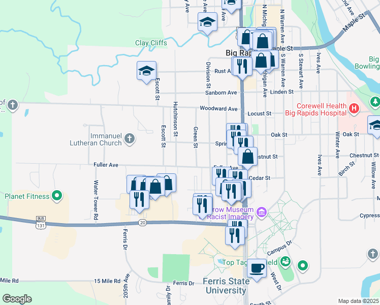 map of restaurants, bars, coffee shops, grocery stores, and more near 606 Green Street in Big Rapids