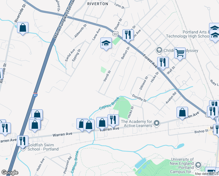 map of restaurants, bars, coffee shops, grocery stores, and more near 144 Belfort Street in Portland