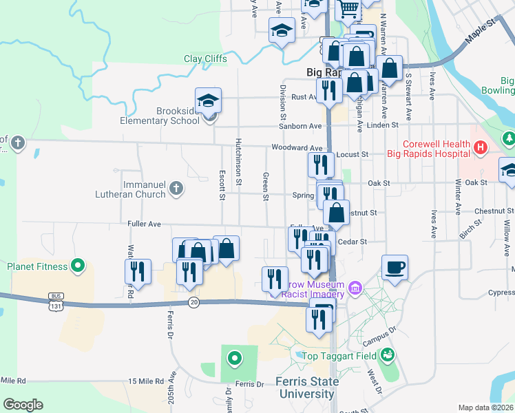 map of restaurants, bars, coffee shops, grocery stores, and more near 606 Green Street in Big Rapids