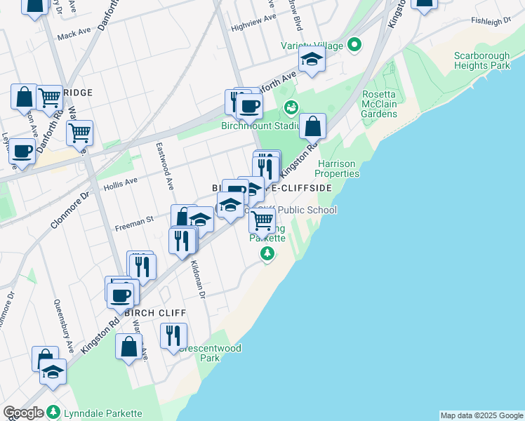 map of restaurants, bars, coffee shops, grocery stores, and more near 75 Harding Boulevard in Toronto