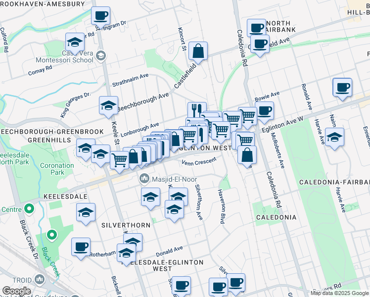 map of restaurants, bars, coffee shops, grocery stores, and more near 2468 Eglinton Avenue West in Toronto