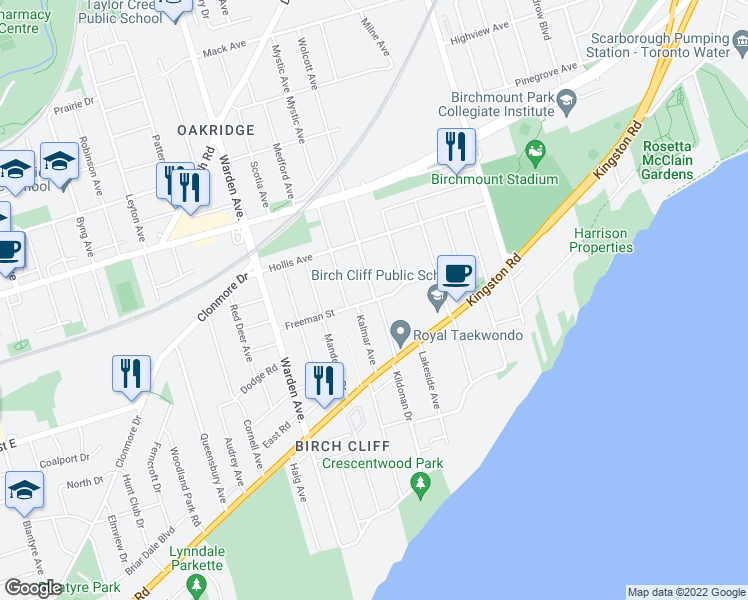 map of restaurants, bars, coffee shops, grocery stores, and more near 22 Freeman Street in Toronto