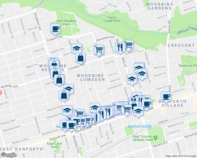 map of restaurants, bars, coffee shops, grocery stores, and more near 9 Orley Avenue in Toronto