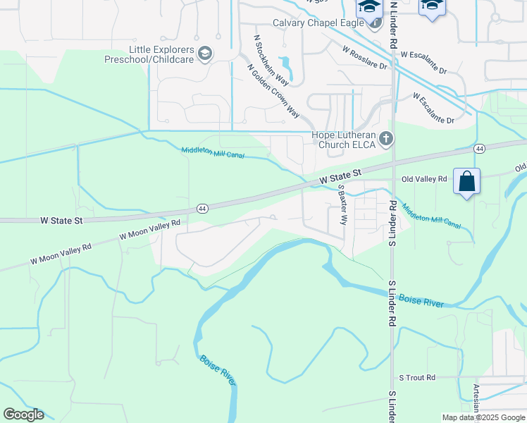 map of restaurants, bars, coffee shops, grocery stores, and more near 5337 West State Street in Eagle