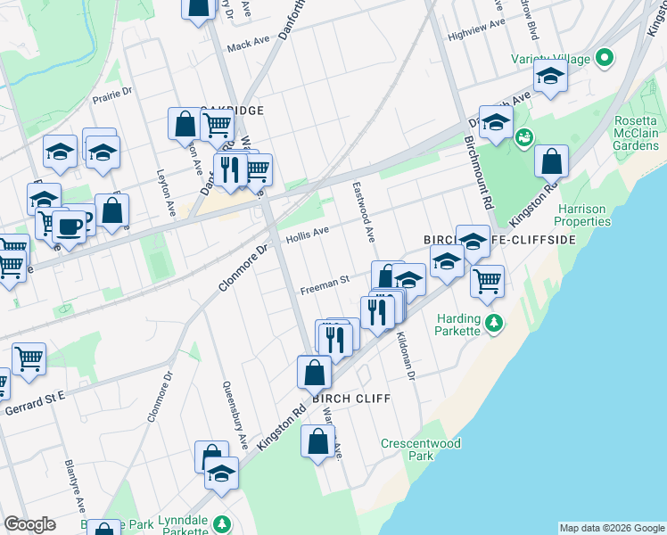 map of restaurants, bars, coffee shops, grocery stores, and more near 63 Manderley Drive in Toronto