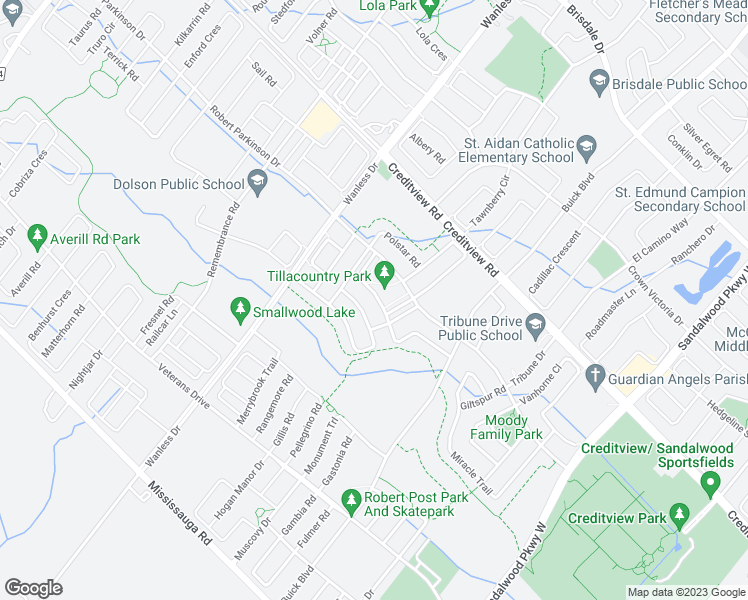 map of restaurants, bars, coffee shops, grocery stores, and more near 60 Fenchurch Drive in Brampton