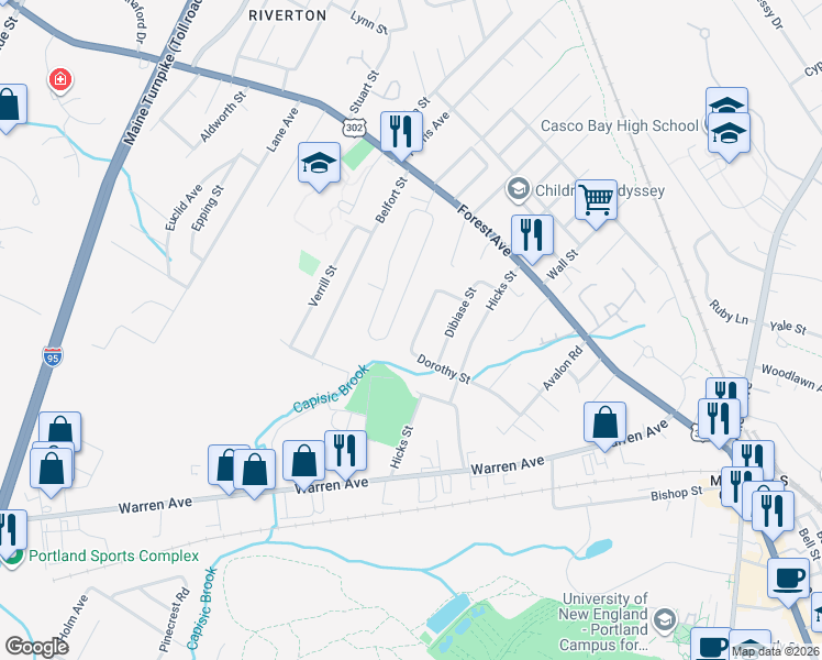 map of restaurants, bars, coffee shops, grocery stores, and more near 126 Dorothy Street in Portland