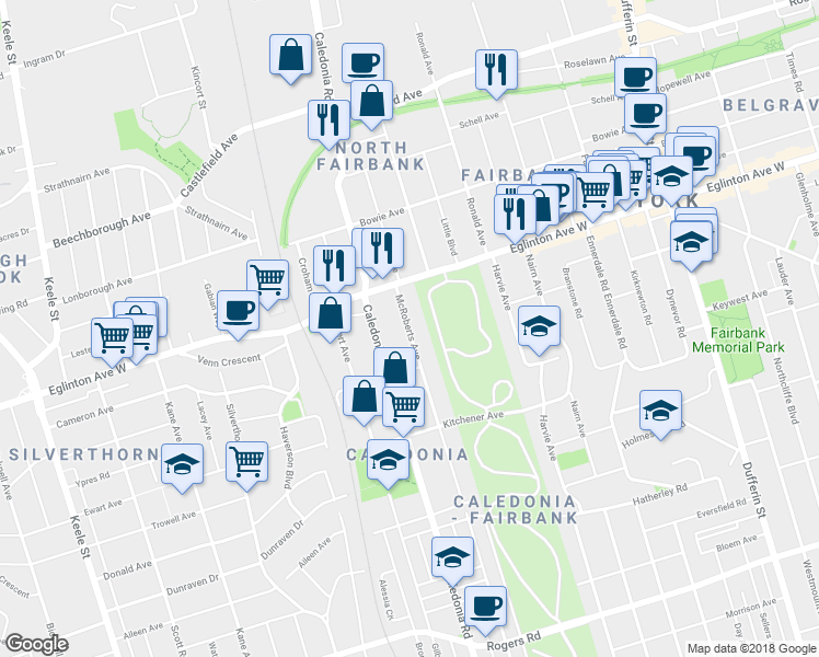 map of restaurants, bars, coffee shops, grocery stores, and more near 616 McRoberts Avenue in Toronto