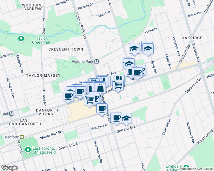 map of restaurants, bars, coffee shops, grocery stores, and more near in Toronto