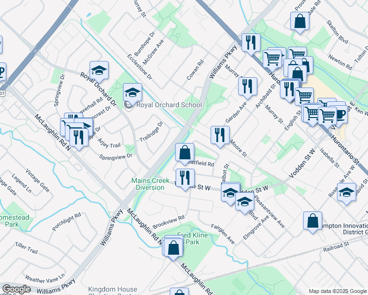 map of restaurants, bars, coffee shops, grocery stores, and more near 122 Martindale Crescent in Brampton