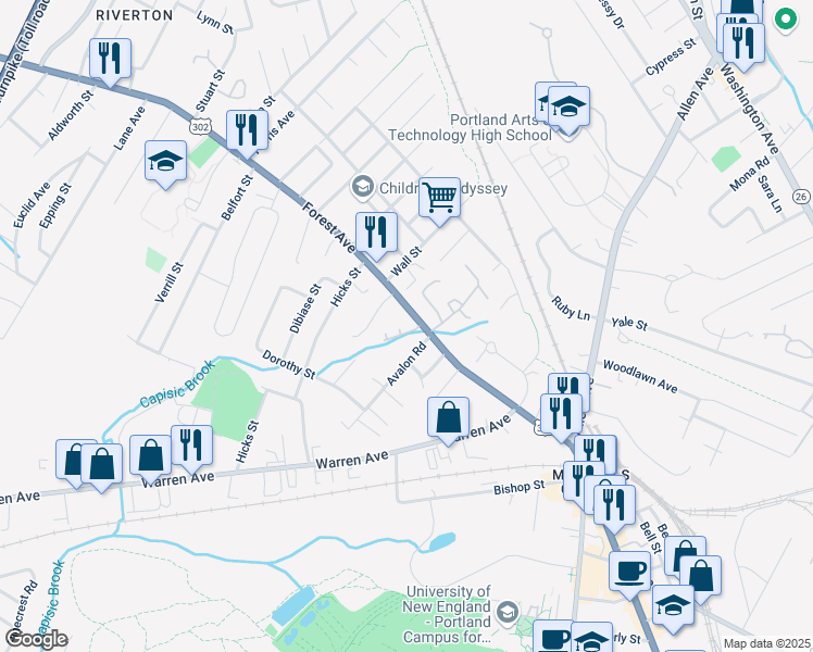 map of restaurants, bars, coffee shops, grocery stores, and more near 1390 Forest Avenue in Portland