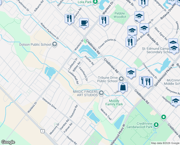 map of restaurants, bars, coffee shops, grocery stores, and more near 6 Toledo Lane in Brampton