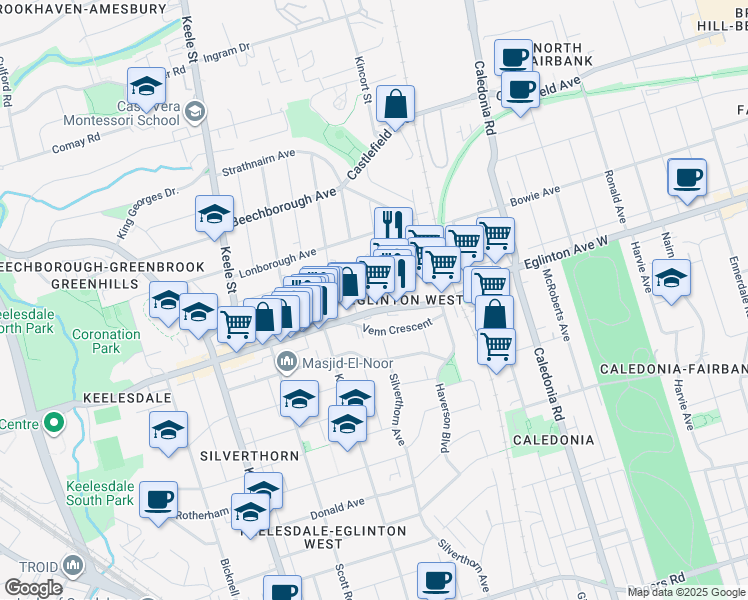map of restaurants, bars, coffee shops, grocery stores, and more near 2468 Eglinton Avenue West in Toronto