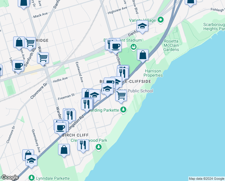 map of restaurants, bars, coffee shops, grocery stores, and more near 1680 Kingston Road in Toronto