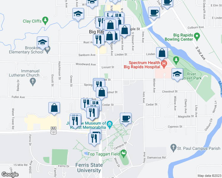 map of restaurants, bars, coffee shops, grocery stores, and more near 526 South Michigan Avenue in Big Rapids