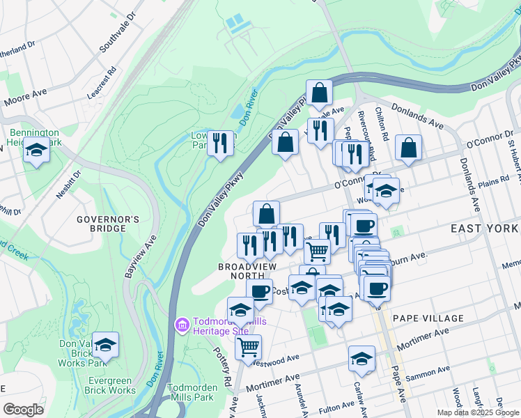 map of restaurants, bars, coffee shops, grocery stores, and more near 1277 Broadview Avenue in Toronto